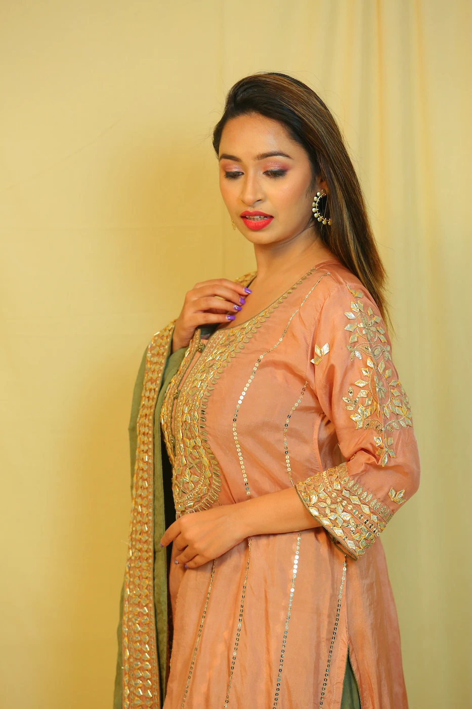 coral-colour-gota-work-crepe-silk-long-kurtamoss-green-sharara-and-matching-dupatta-m?uid=1674969016