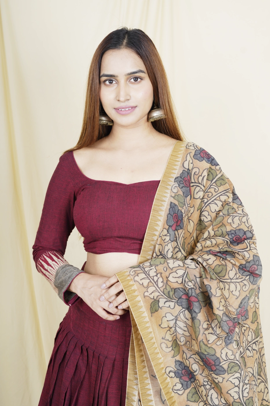 maroon-mangalagiri-cotton-lehenga-with-brown-temple-border-paired-with-matching-blouse-and-brown-pen-kalamkari-dupatta-s?uid=1675052096
