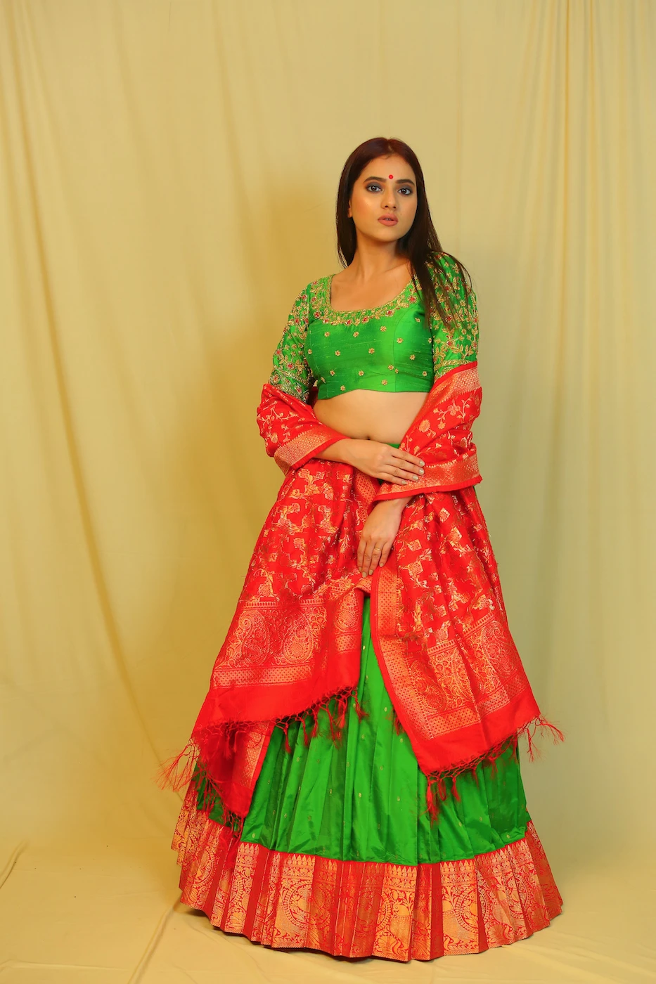 leaf-green-kanchi-silk-lehenga-with-red-border-green-silk-blouse-with-all-over-hand-embroidery-and-red-pure-benaras-silk-dupatta-m?uid=1676350485
